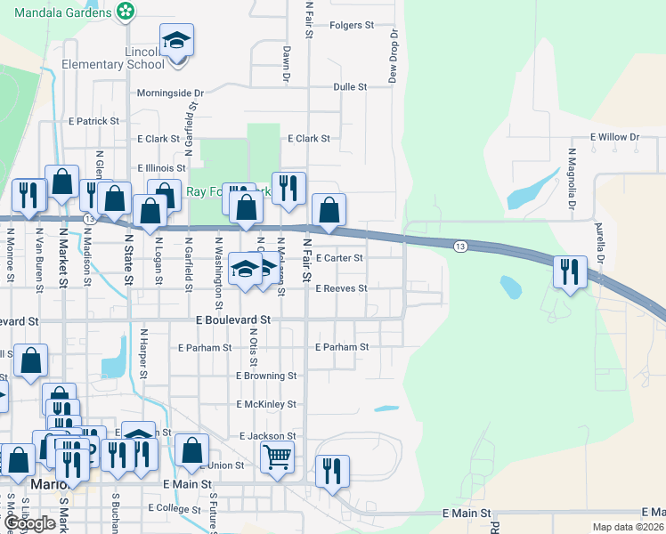 map of restaurants, bars, coffee shops, grocery stores, and more near Roosevelt St in Marion