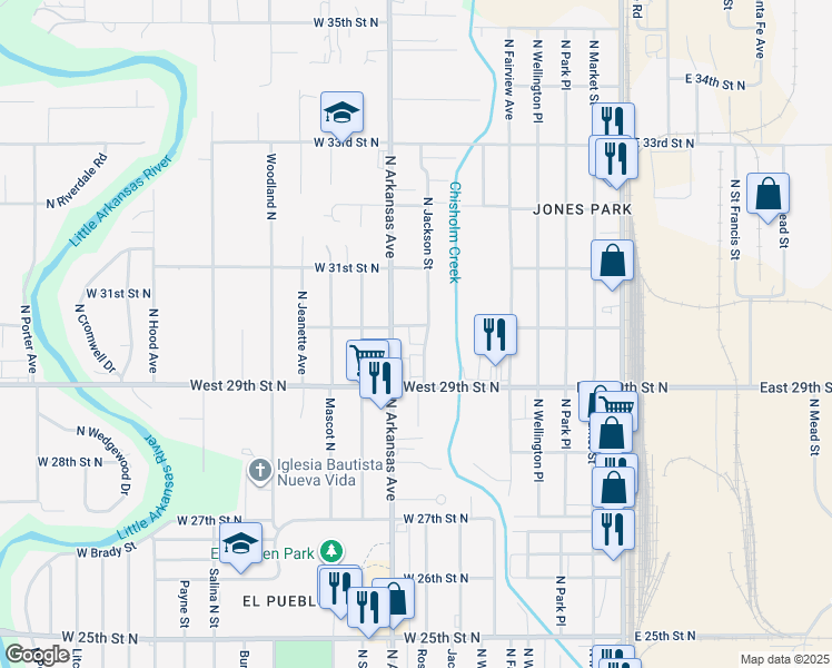 map of restaurants, bars, coffee shops, grocery stores, and more near 3037 Jackson North Avenue in Wichita