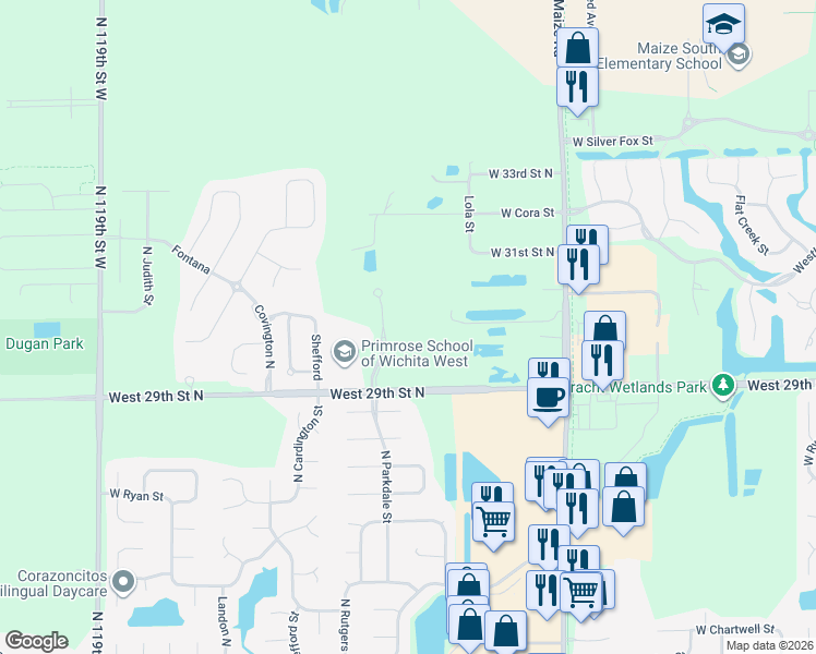 map of restaurants, bars, coffee shops, grocery stores, and more near 3130 North Parkdale Circle in Wichita