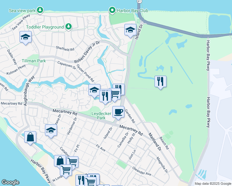 map of restaurants, bars, coffee shops, grocery stores, and more near 801 Island Drive in Alameda