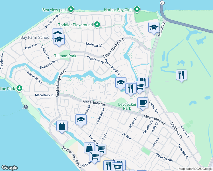 map of restaurants, bars, coffee shops, grocery stores, and more near 602 Ironwood Road in Alameda