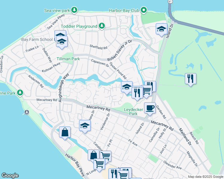 map of restaurants, bars, coffee shops, grocery stores, and more near 602 Ironwood Road in Alameda