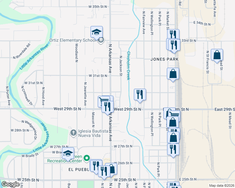map of restaurants, bars, coffee shops, grocery stores, and more near 3037 Jackson North Avenue in Wichita