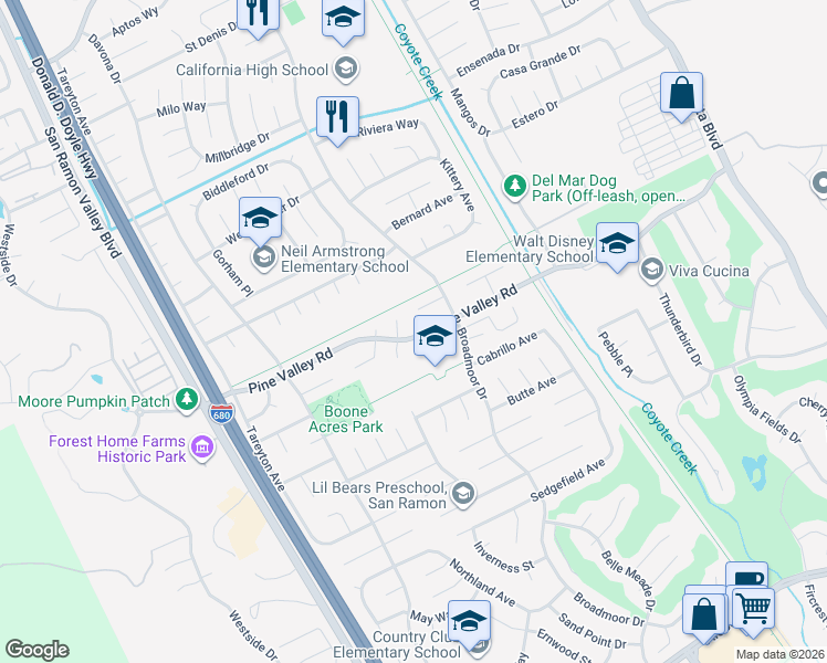 map of restaurants, bars, coffee shops, grocery stores, and more near 3003 Pine Valley Road in San Ramon