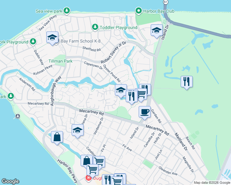 map of restaurants, bars, coffee shops, grocery stores, and more near 1014 Ironwood Road in Alameda