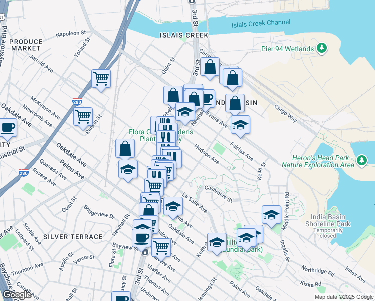map of restaurants, bars, coffee shops, grocery stores, and more near 1552 Innes Avenue in San Francisco