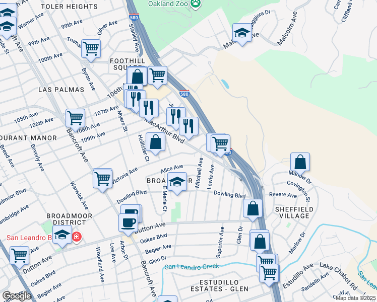map of restaurants, bars, coffee shops, grocery stores, and more near 1058 Victoria Avenue in San Leandro