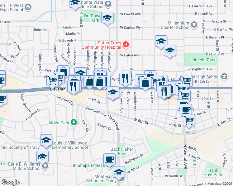 map of restaurants, bars, coffee shops, grocery stores, and more near in Tracy