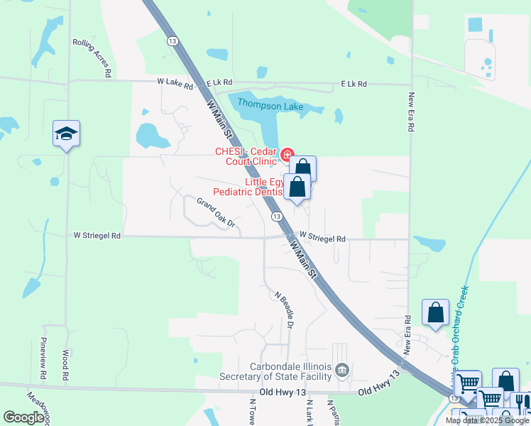 map of restaurants, bars, coffee shops, grocery stores, and more near 1115 Black Diamond Drive in Carbondale