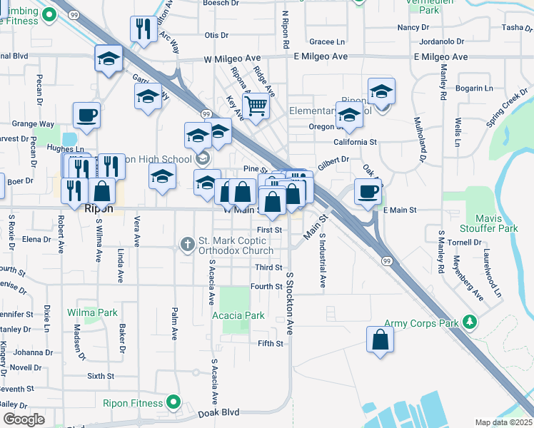 map of restaurants, bars, coffee shops, grocery stores, and more near 140 South Walnut Avenue in Ripon