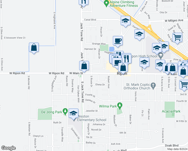 map of restaurants, bars, coffee shops, grocery stores, and more near 138 Roxie Drive in Ripon
