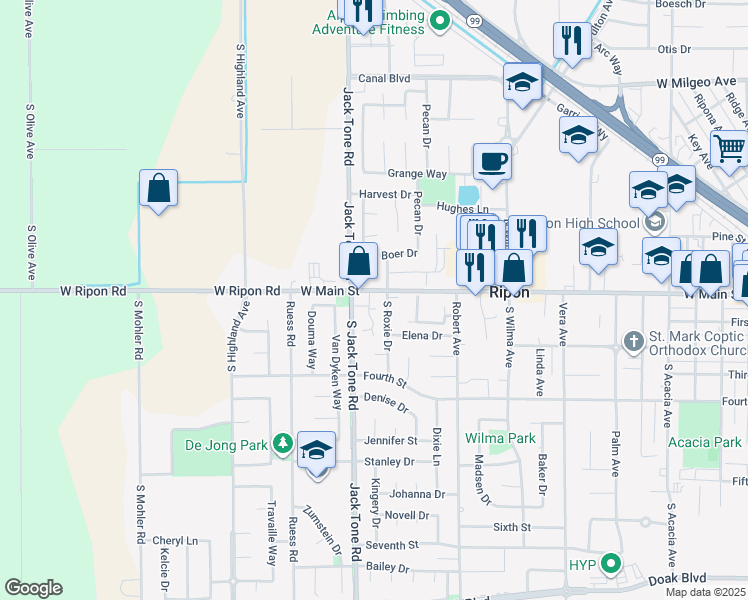 map of restaurants, bars, coffee shops, grocery stores, and more near 1550 West Main Street in Ripon