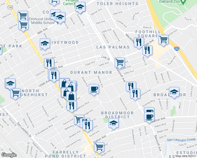 map of restaurants, bars, coffee shops, grocery stores, and more near 2001 Durant Avenue in Oakland