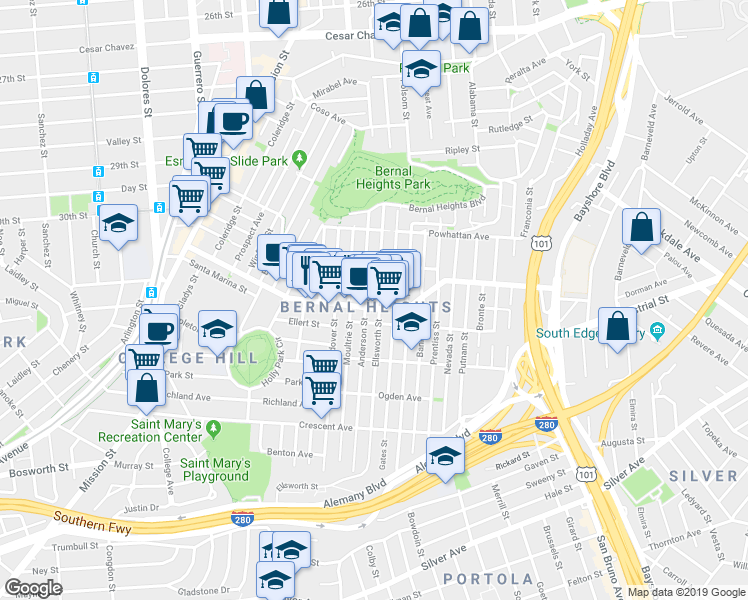 map of restaurants, bars, coffee shops, grocery stores, and more near 804 Cortland Avenue in San Francisco