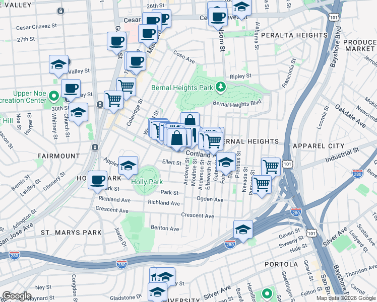 map of restaurants, bars, coffee shops, grocery stores, and more near 320 Andover Street in San Francisco