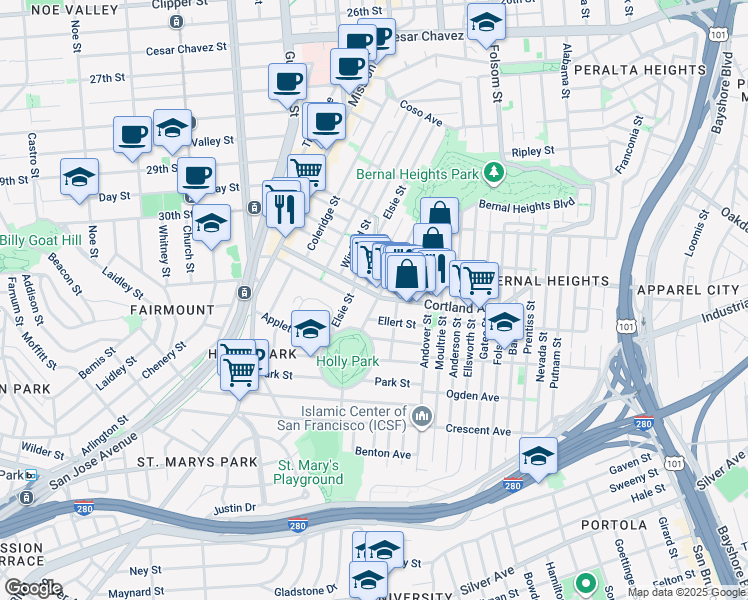 map of restaurants, bars, coffee shops, grocery stores, and more near 55 Holly Park Circle in San Francisco