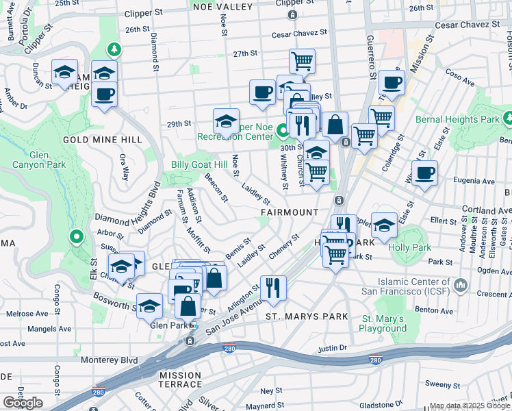 map of restaurants, bars, coffee shops, grocery stores, and more near 43 Everson Street in San Francisco