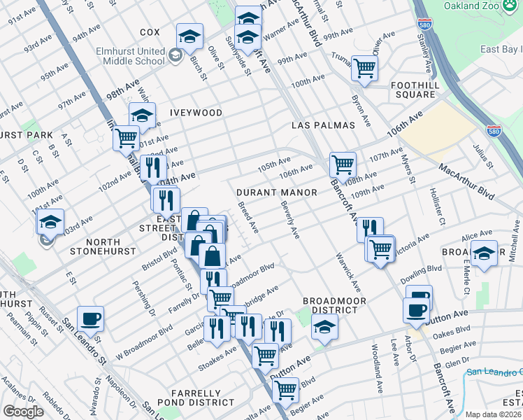 map of restaurants, bars, coffee shops, grocery stores, and more near 1835 108th Avenue in Oakland