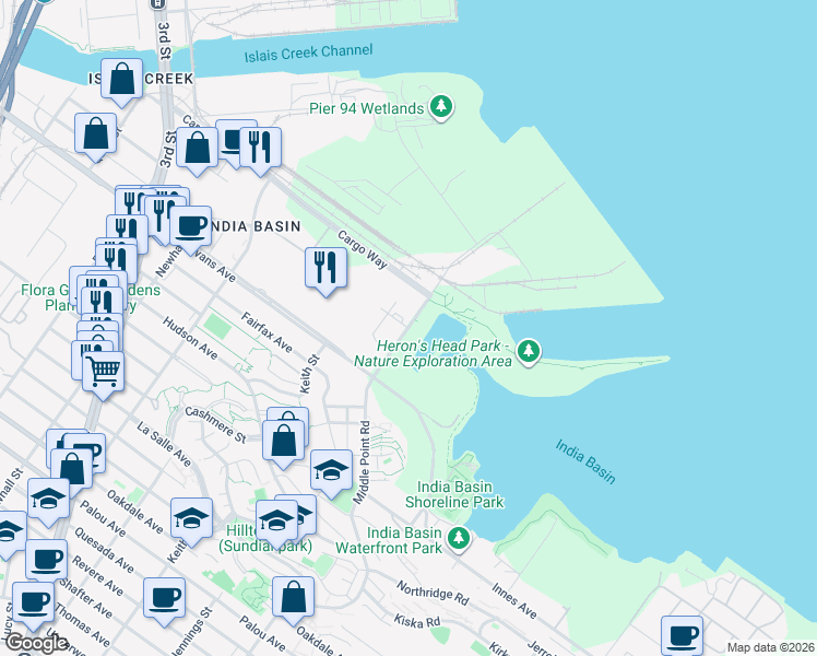 map of restaurants, bars, coffee shops, grocery stores, and more near 2 Newhall Street in San Francisco