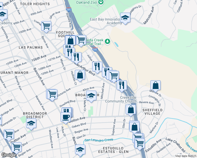 map of restaurants, bars, coffee shops, grocery stores, and more near 954 Alice Avenue in San Leandro