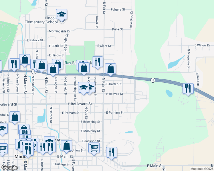 map of restaurants, bars, coffee shops, grocery stores, and more near 908 East Reeves Street in Marion