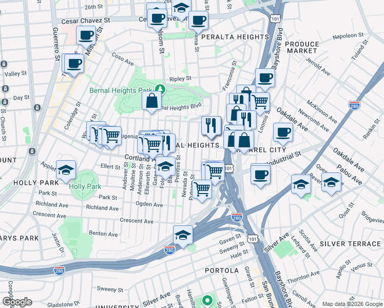 map of restaurants, bars, coffee shops, grocery stores, and more near 16 Putnam Street in San Francisco