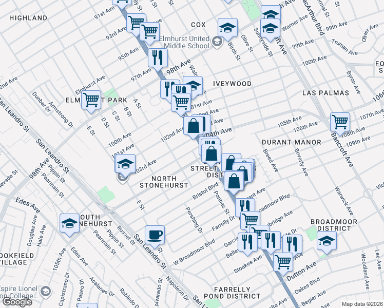 map of restaurants, bars, coffee shops, grocery stores, and more near 10407 Pontiac Street in Oakland
