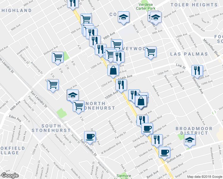 map of restaurants, bars, coffee shops, grocery stores, and more near 10407 Pontiac Street in Oakland