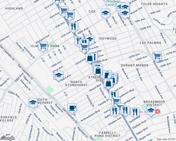 map of restaurants, bars, coffee shops, grocery stores, and more near 10407 Pontiac Street in Oakland