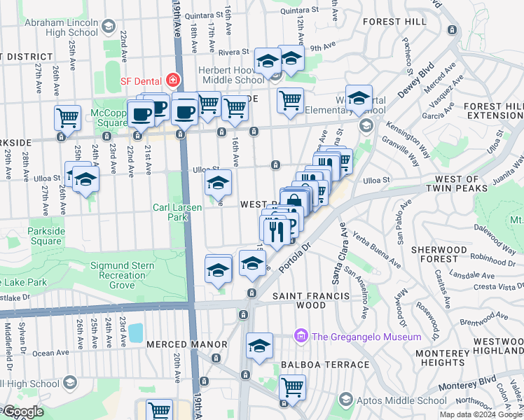 map of restaurants, bars, coffee shops, grocery stores, and more near 349 Vicente Street in San Francisco
