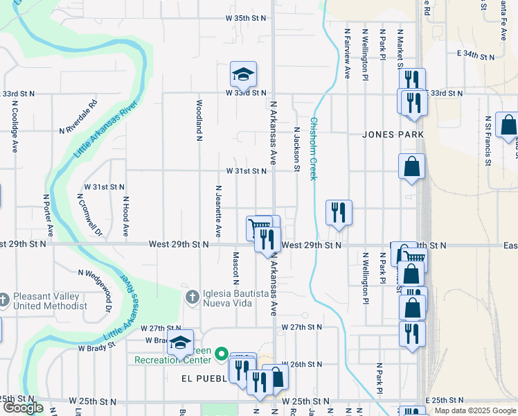 map of restaurants, bars, coffee shops, grocery stores, and more near 3122 North Shelton Street in Wichita