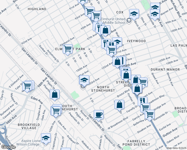 map of restaurants, bars, coffee shops, grocery stores, and more near 10200 Royal Ann Street in Oakland