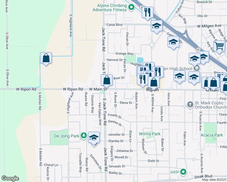 map of restaurants, bars, coffee shops, grocery stores, and more near 102 Jack Tone Road in Ripon