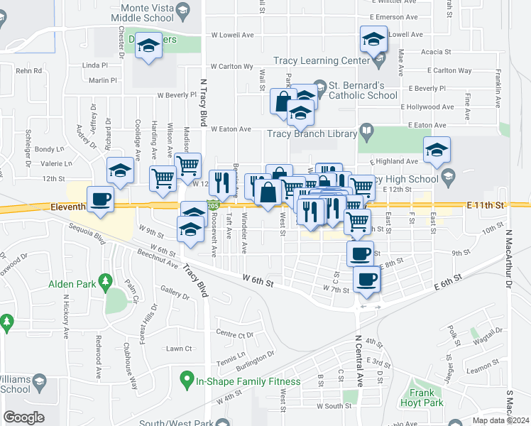 map of restaurants, bars, coffee shops, grocery stores, and more near 359 West 11th Street in Tracy
