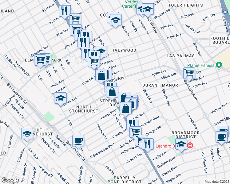 map of restaurants, bars, coffee shops, grocery stores, and more near 1439 105th Avenue in Oakland