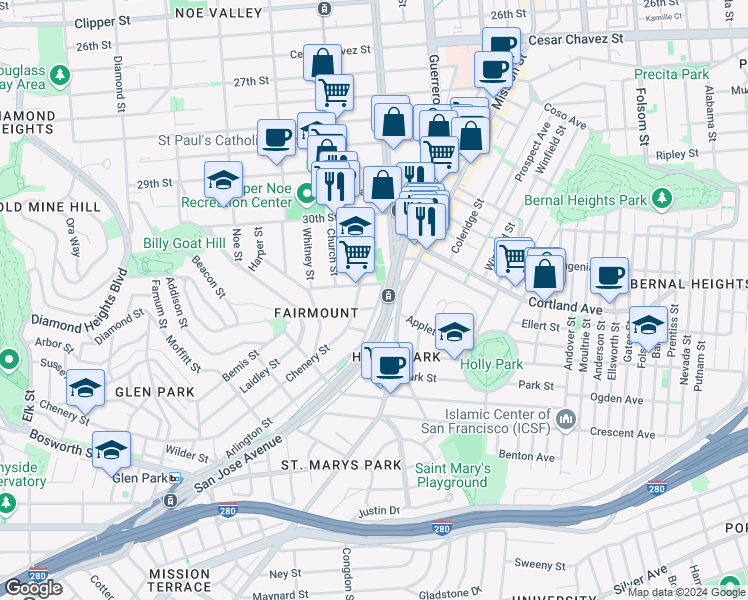 map of restaurants, bars, coffee shops, grocery stores, and more near 96 Chenery Street in San Francisco