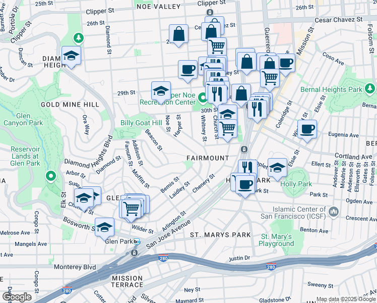 map of restaurants, bars, coffee shops, grocery stores, and more near 241 Randall Street in San Francisco