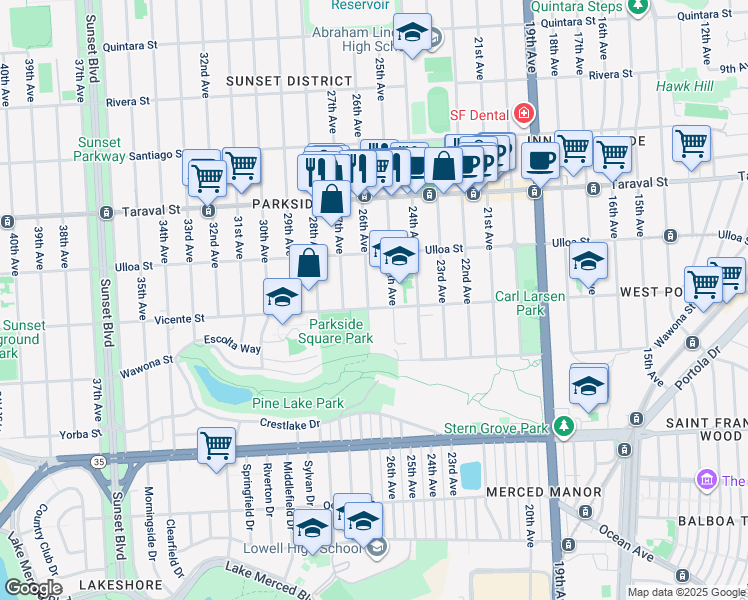 map of restaurants, bars, coffee shops, grocery stores, and more near 2543 25th Avenue in San Francisco