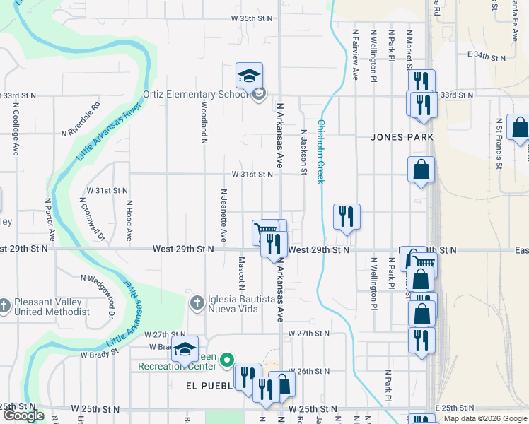 map of restaurants, bars, coffee shops, grocery stores, and more near 3122 North Shelton Street in Wichita