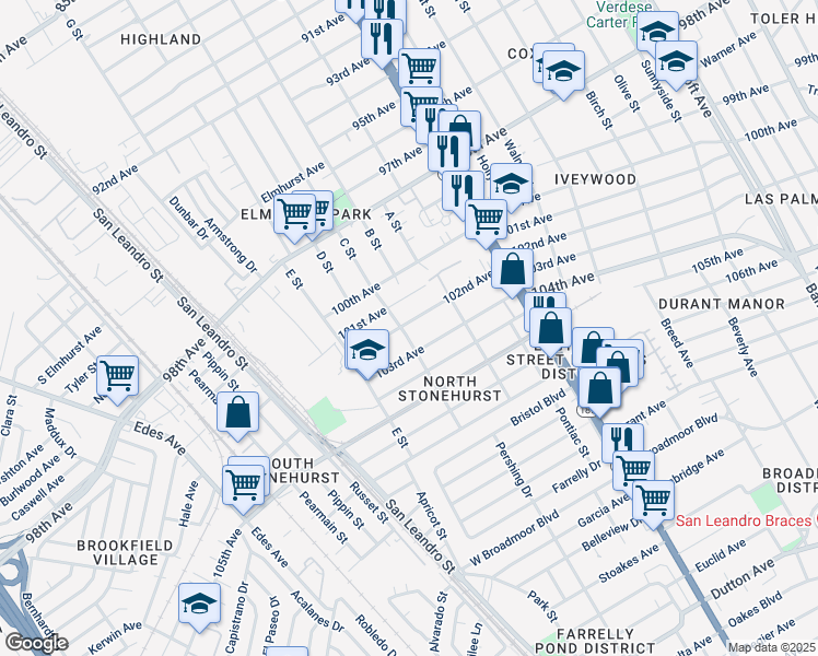 map of restaurants, bars, coffee shops, grocery stores, and more near 10200 Royal Ann Street in Oakland