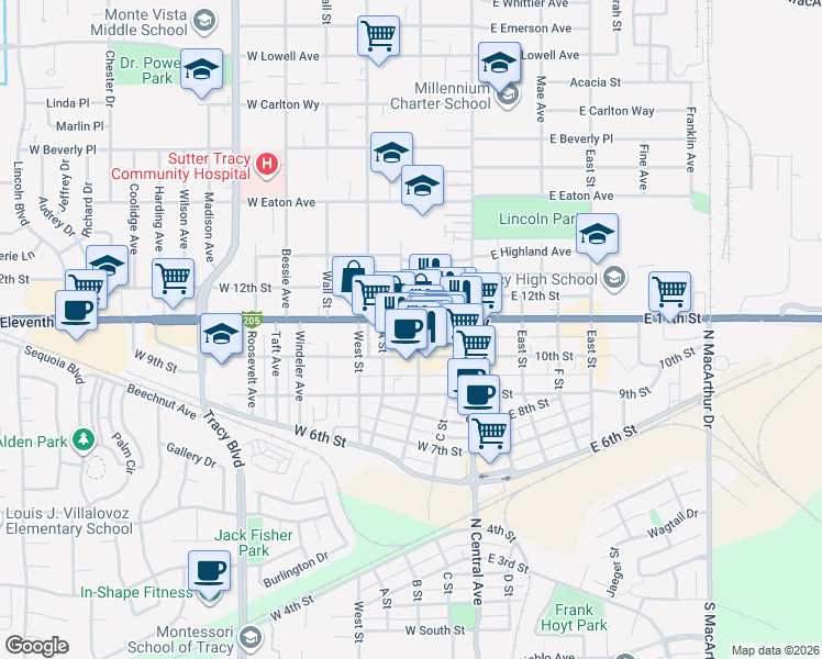 map of restaurants, bars, coffee shops, grocery stores, and more near 141 Interstate 205 Business in Tracy