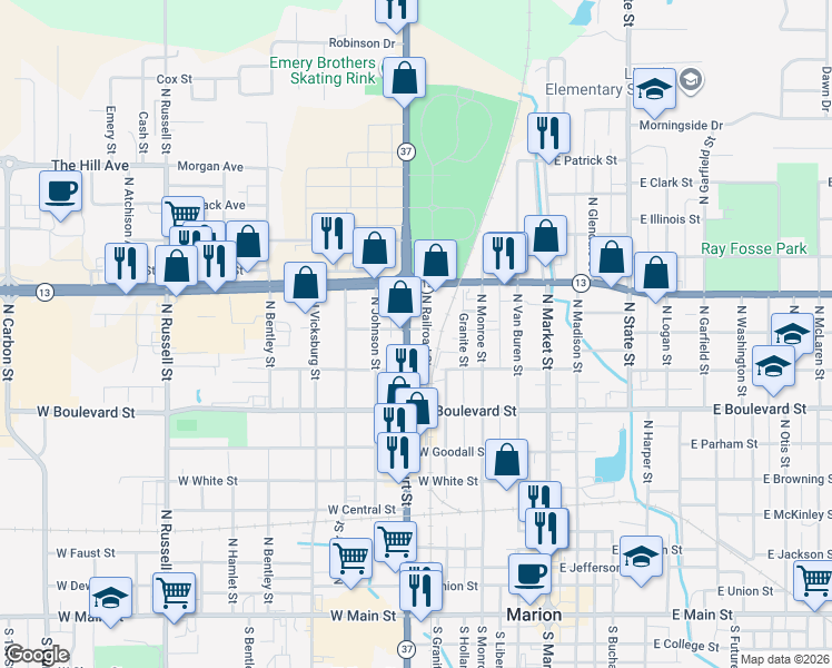map of restaurants, bars, coffee shops, grocery stores, and more near 1101-1111 North Railroad Street in Marion