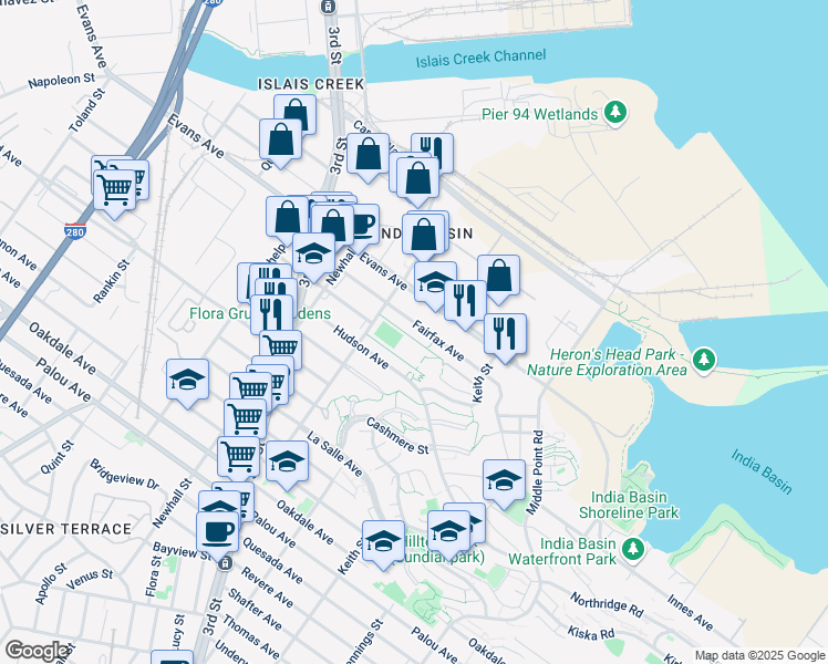 map of restaurants, bars, coffee shops, grocery stores, and more near 1395 Fairfax Avenue in San Francisco