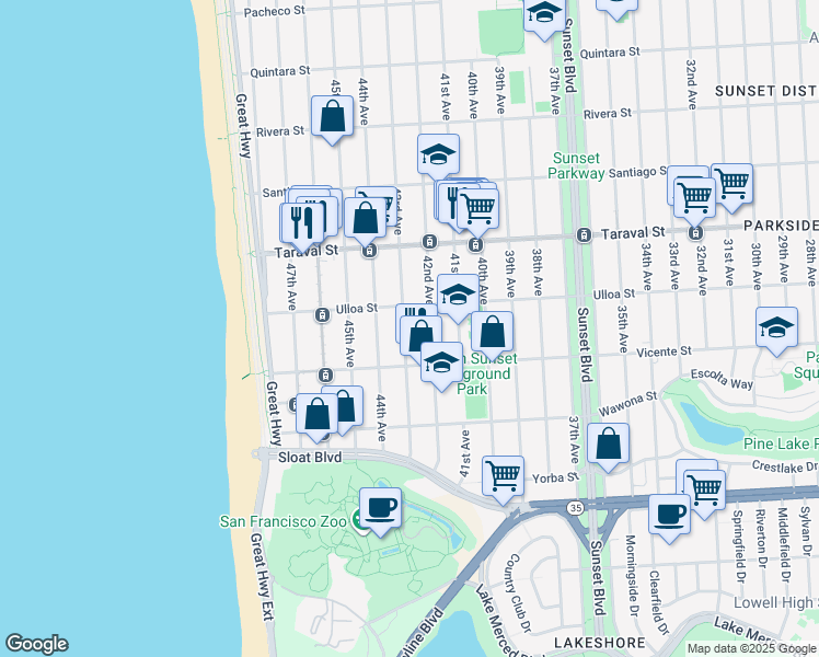 map of restaurants, bars, coffee shops, grocery stores, and more near 2501 42nd Avenue in San Francisco