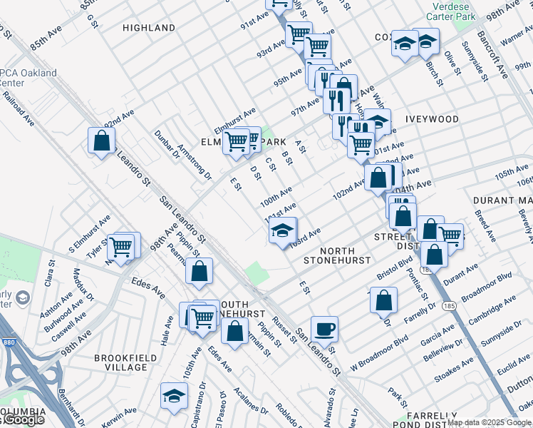 map of restaurants, bars, coffee shops, grocery stores, and more near 1073 100th Avenue in Oakland