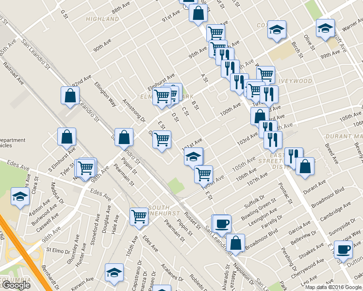 map of restaurants, bars, coffee shops, grocery stores, and more near 1073 100th Avenue in Oakland