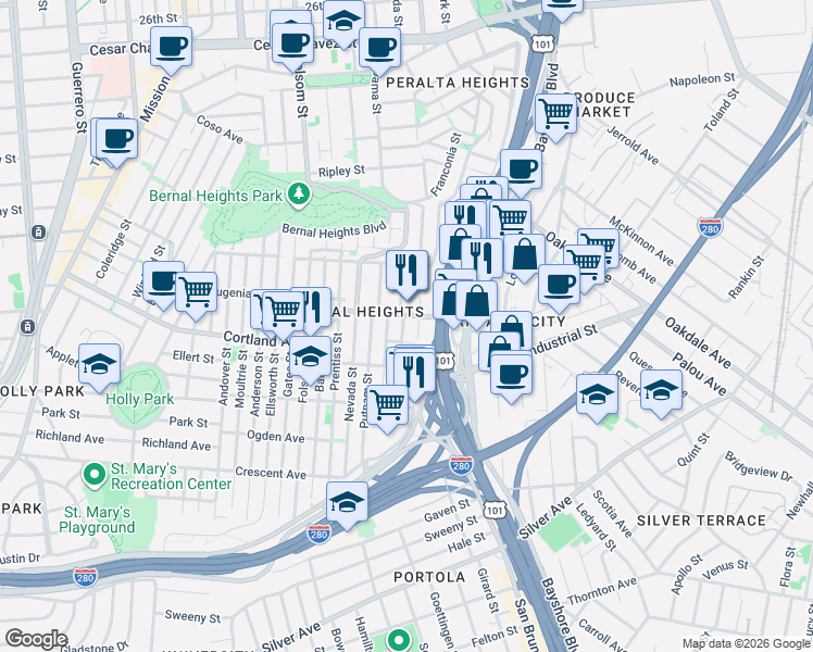 map of restaurants, bars, coffee shops, grocery stores, and more near 1525 Cortland Avenue in San Francisco