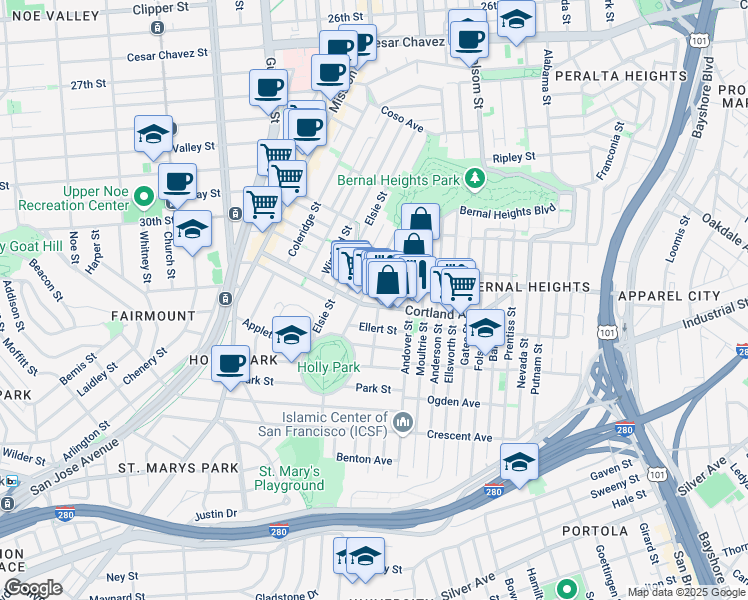 map of restaurants, bars, coffee shops, grocery stores, and more near 223 Bocana Street in San Francisco