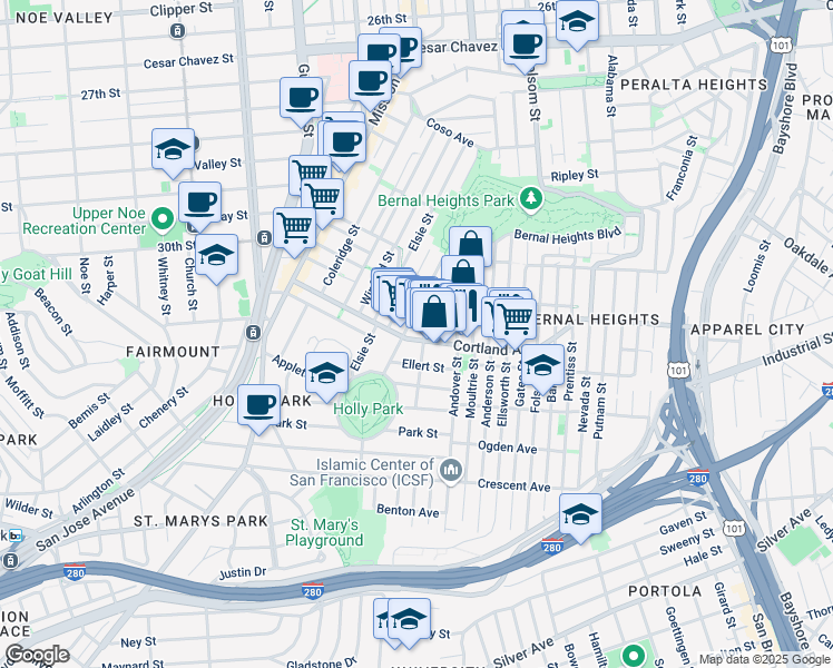 map of restaurants, bars, coffee shops, grocery stores, and more near 223 Bocana Street in San Francisco