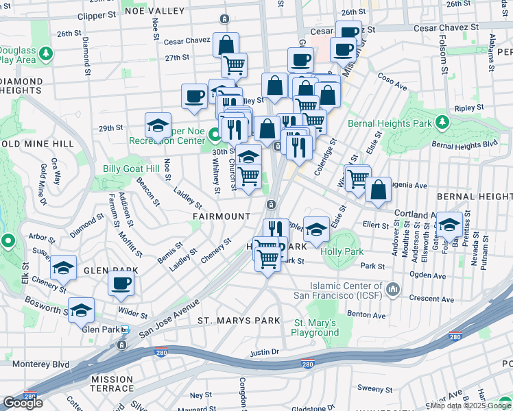 map of restaurants, bars, coffee shops, grocery stores, and more near 96 Chenery Street in San Francisco
